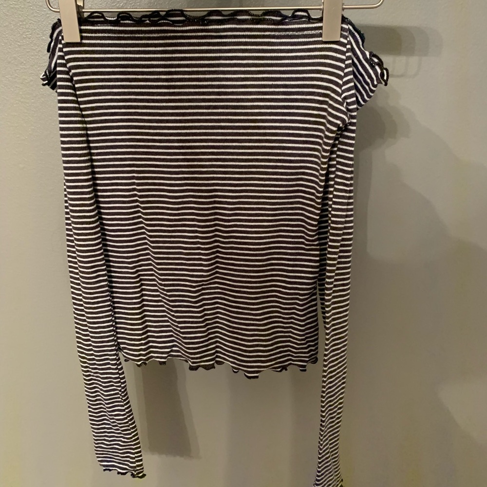 Charcoal and White Striped Off the Shoulder Shirt